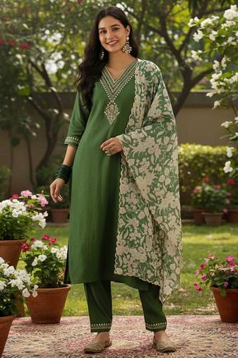 Women floral regular thread work kurta with trousers & with dupatta