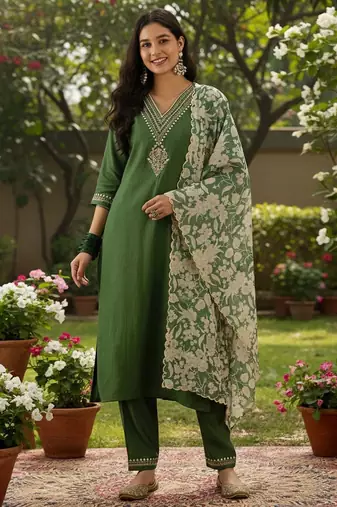 Women floral regular thread work kurta with trousers & with dupatta