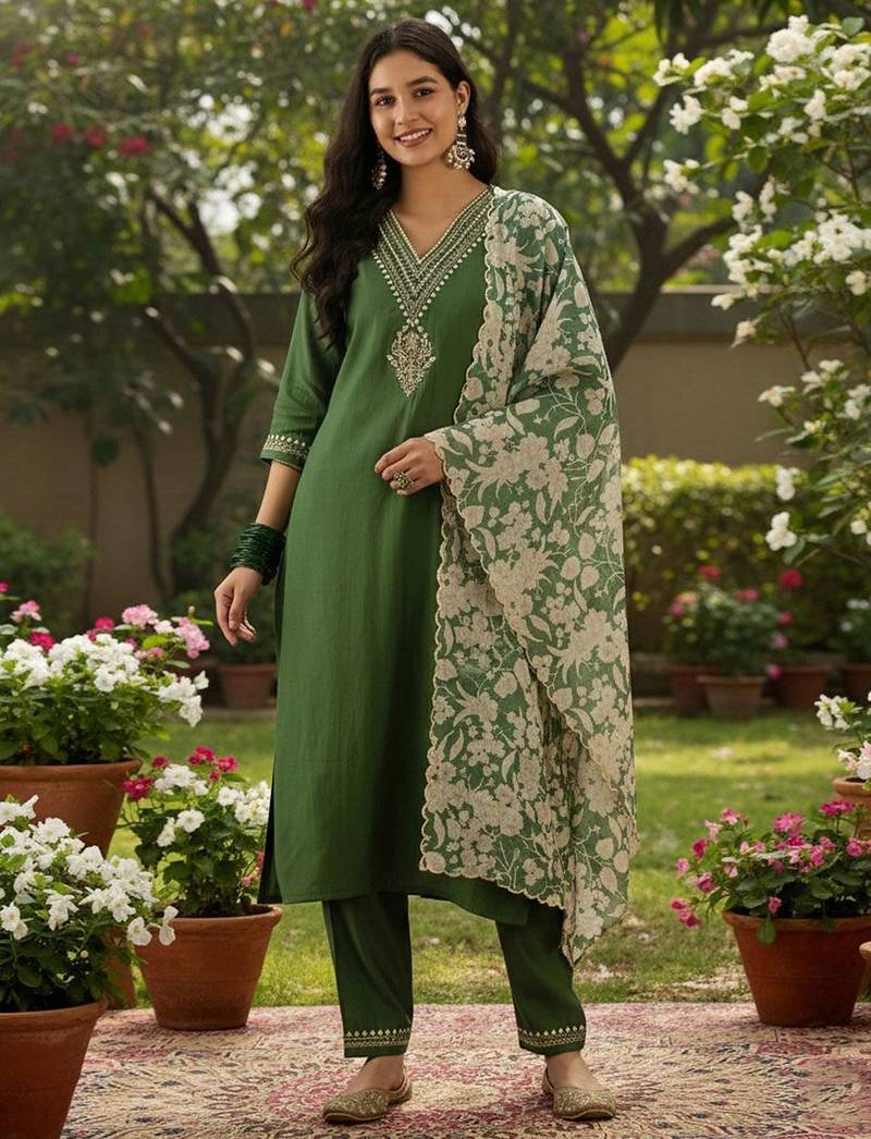 Women floral regular thread work kurta with trousers & with dupatta