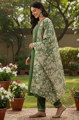 Women floral regular thread work kurta with trousers & with dupatta