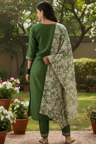 Women floral regular thread work kurta with trousers & with dupatta