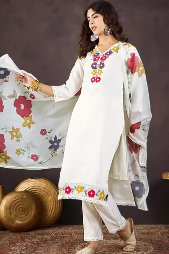 Women floral embroidered regular thread work kurta with trousers & dupatta