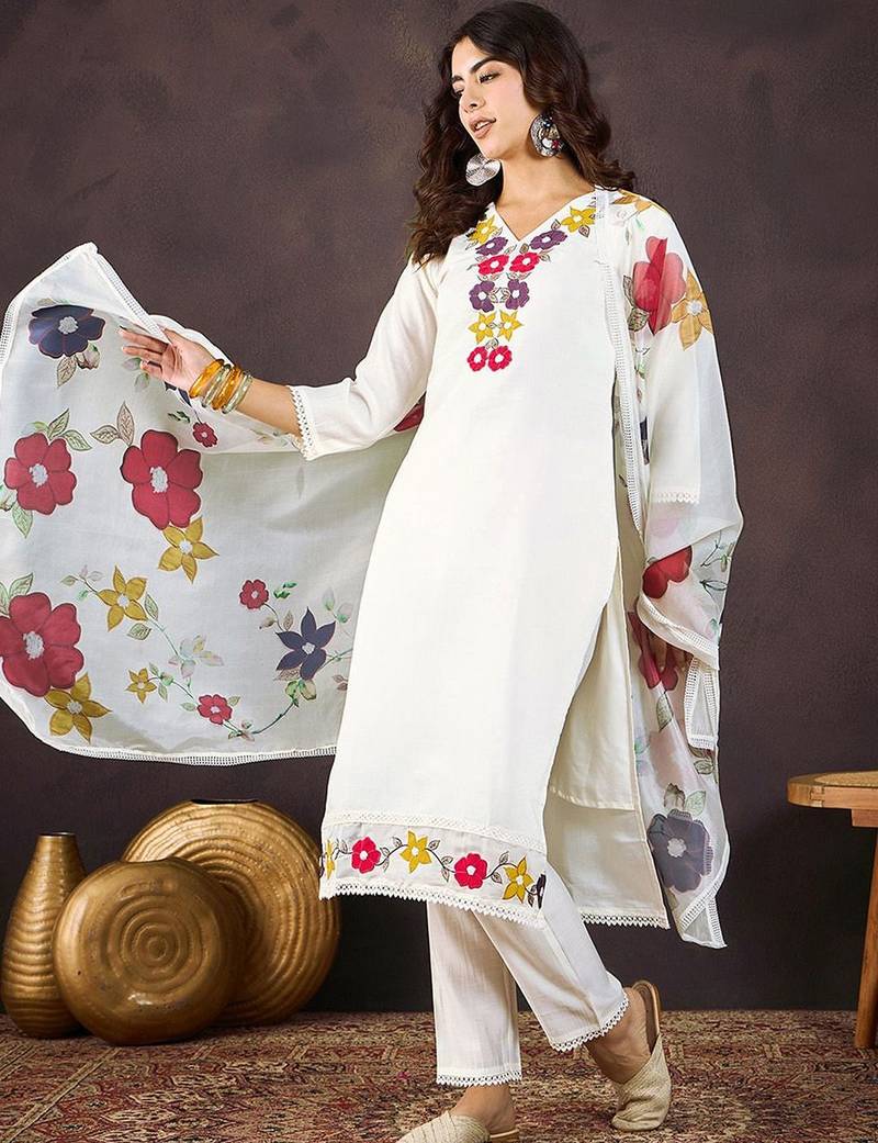 Women floral embroidered regular thread work kurta with trousers & dupatta