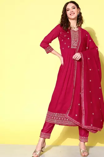 Floral embroidered regular sequinned anarkali kurta with trousers & dupatta