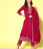 Floral embroidered regular sequinned anarkali kurta with trousers & dupatta