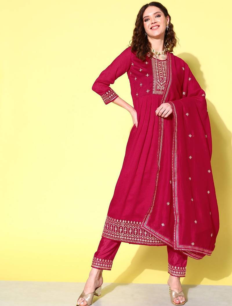 Floral embroidered regular sequinned anarkali kurta with trousers & dupatta