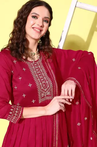 Floral embroidered regular sequinned anarkali kurta with trousers & dupatta