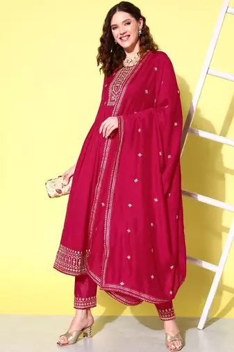 Floral embroidered regular sequinned anarkali kurta with trousers & dupatta