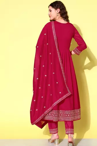 Floral embroidered regular sequinned anarkali kurta with trousers & dupatta