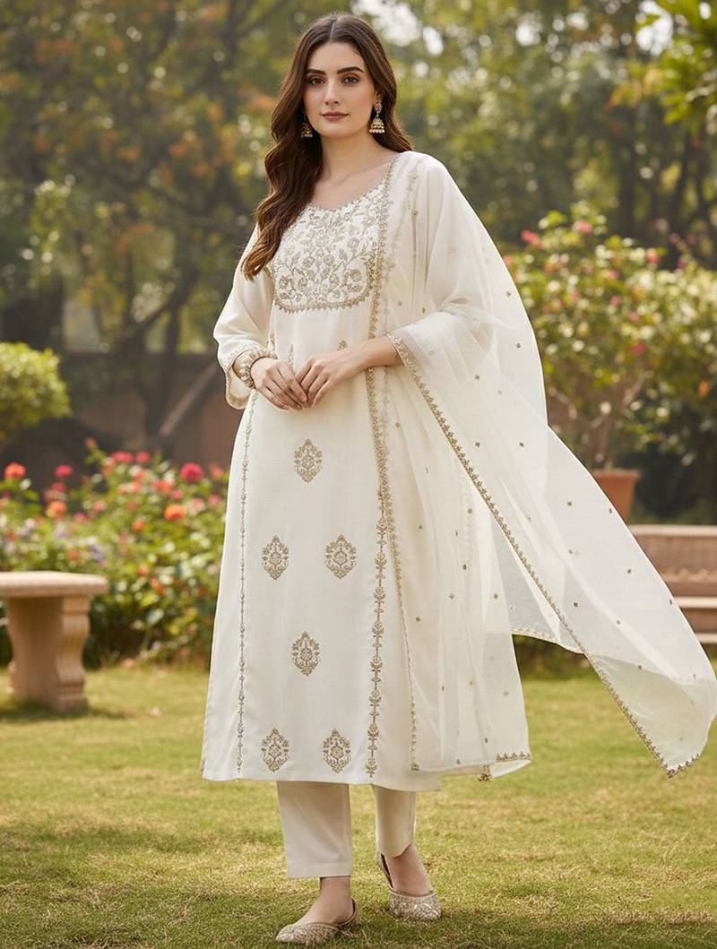 Women ethnic motifs embroidered regular thread work kurta with trousers & with dupatta
