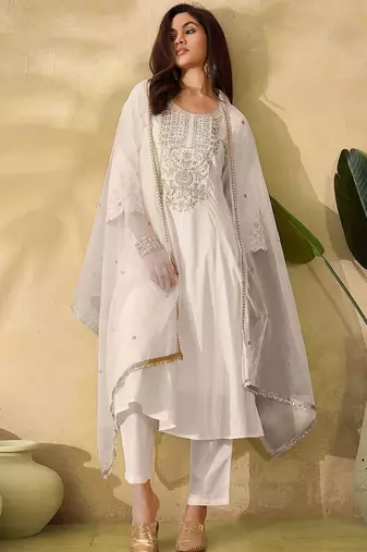 Women floral embroidered regular sequinned kurta with trousers & dupatta