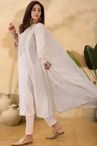 Women floral embroidered regular sequinned kurta with trousers & dupatta