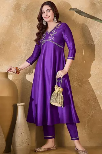 Women solid embroidered a-line kurta with trousers