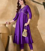 Women solid embroidered a-line kurta with trousers