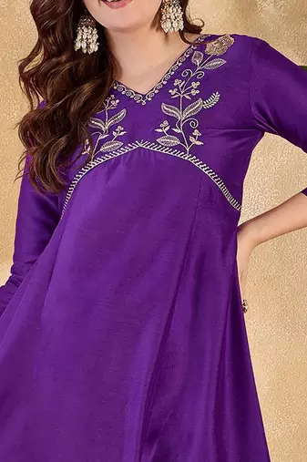 Women solid embroidered a-line kurta with trousers