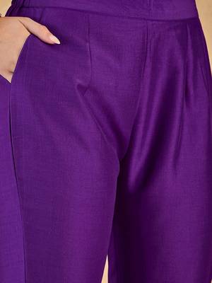 Women solid embroidered a-line kurta with trousers 3
