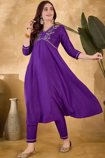 Women solid embroidered a-line kurta with trousers