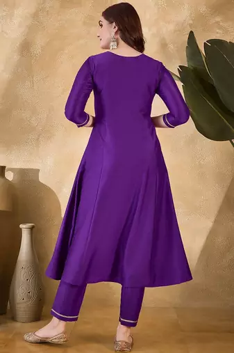 Women solid embroidered a-line kurta with trousers
