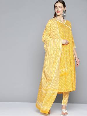Women yellow ethnic motifs printed panelled pure cotton kurta with trousers & with dupatta 1