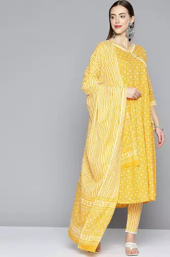 Women yellow ethnic motifs printed panelled pure cotton kurta with trousers & with dupatta