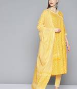 Women yellow ethnic motifs printed panelled pure cotton kurta with trousers & with dupatta