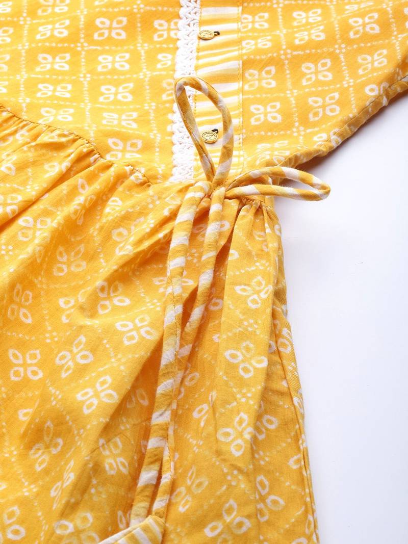 Women yellow ethnic motifs printed panelled pure cotton kurta with trousers & with dupatta