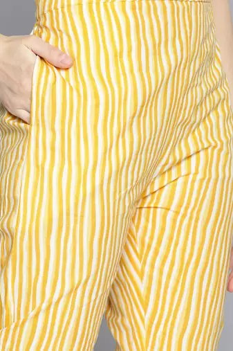 Women yellow ethnic motifs printed panelled pure cotton kurta with trousers & with dupatta
