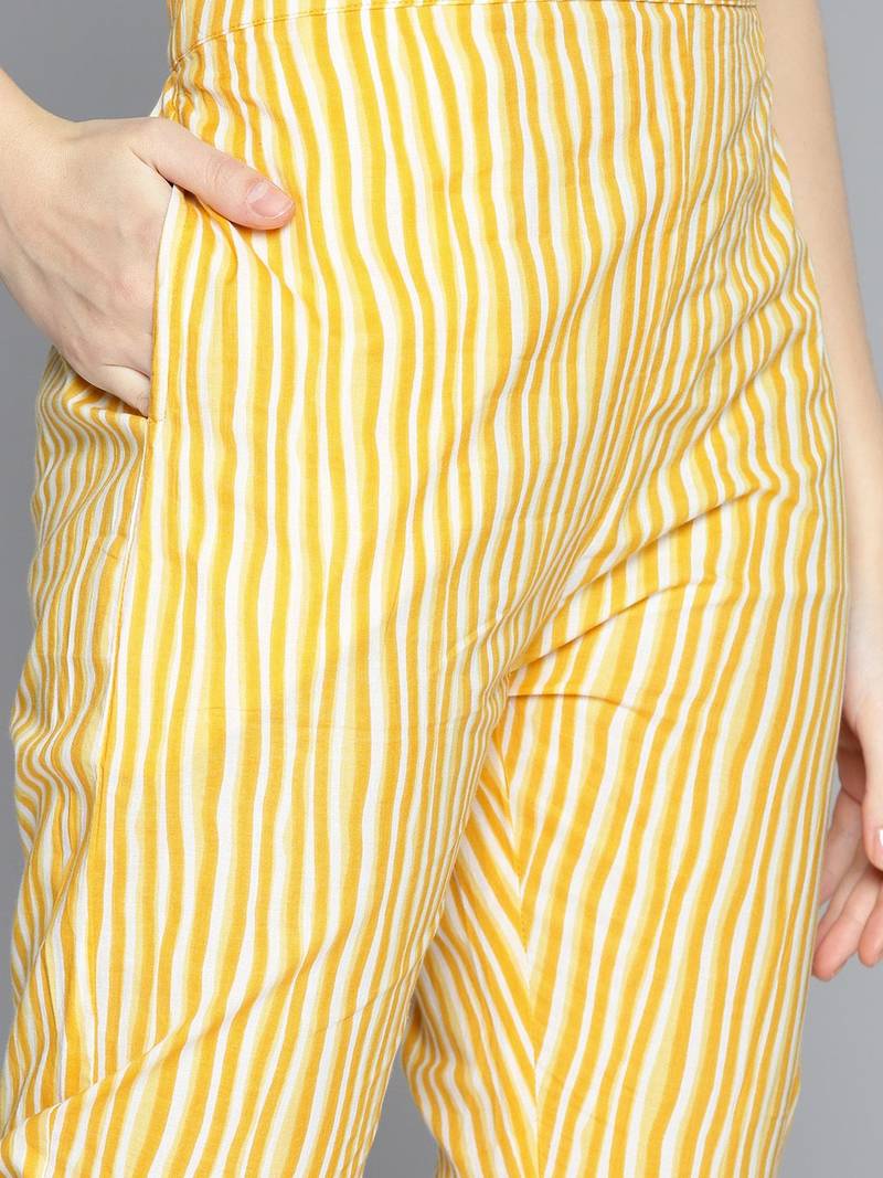 Women yellow ethnic motifs printed panelled pure cotton kurta with trousers & with dupatta