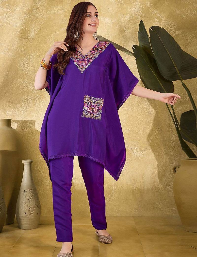 Women ethnic motifs embroidered kaftan kurta with trousers