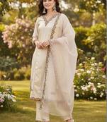 Women ethnic motifs embroidered regular thread work kurta with trousers & with dupatta