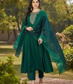 Women ethnic motifs embroidered panelled thread work kurta with trousers & with dupatta