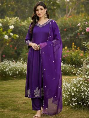 Women ethnic motifs embroidered pleated thread work kurta with trousers & with dupatta 1