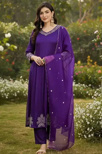 Women ethnic motifs embroidered pleated thread work kurta with trousers & with dupatta