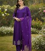 Women ethnic motifs embroidered pleated thread work kurta with trousers & with dupatta