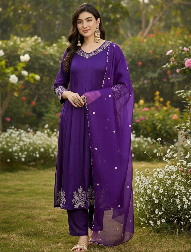 Women ethnic motifs embroidered pleated thread work kurta with trousers & with dupatta