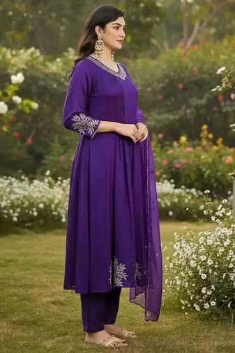 Women ethnic motifs embroidered pleated thread work kurta with trousers & with dupatta