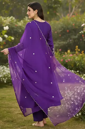 Women ethnic motifs embroidered pleated thread work kurta with trousers & with dupatta