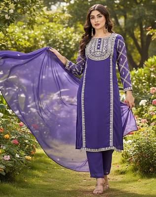Women ethnic motifs embroidered regular thread work kurta with trousers & with dupatta 1