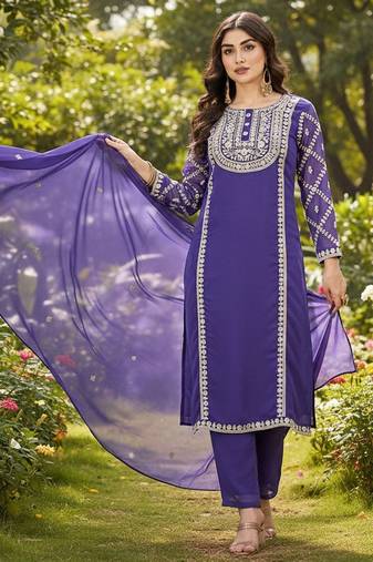 Women ethnic motifs embroidered regular thread work kurta with trousers & with dupatta