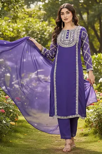 Women ethnic motifs embroidered regular thread work kurta with trousers & with dupatta