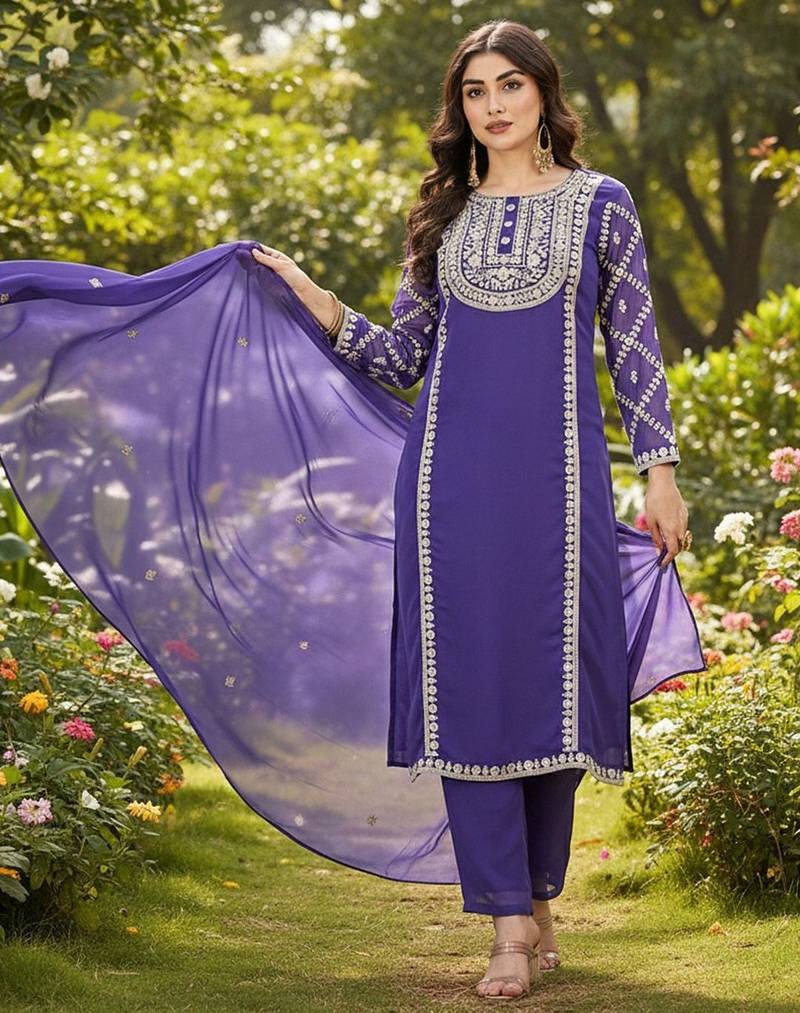 Women ethnic motifs embroidered regular thread work kurta with trousers & with dupatta