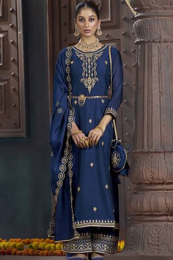 Ethnic motifs embroidered regular sequinned kurta with palazzo & dupatta