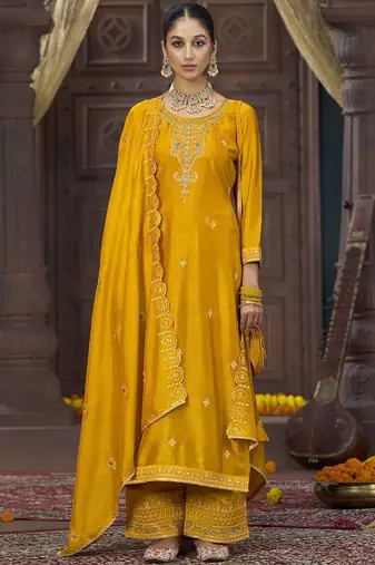 Ethnic motifs embroidered regular sequinned kurta with palazzo & dupatta