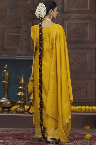Ethnic motifs embroidered regular sequinned kurta with palazzo & dupatta