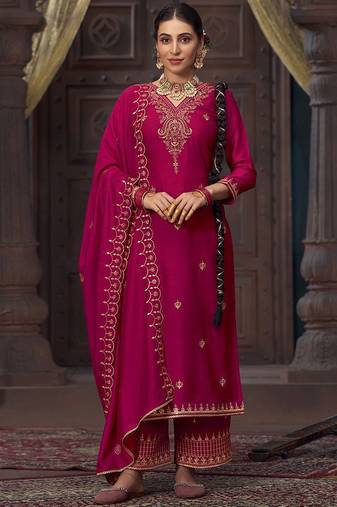 Floral embroidered sequinned  straight v-neck kurta with palazzo and dupatta