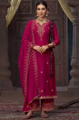 Floral embroidered sequinned  straight v-neck kurta with palazzo and dupatta
