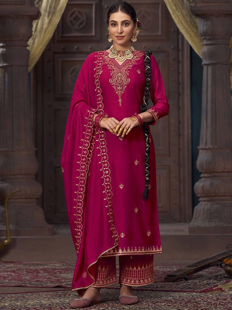 Floral embroidered sequinned  straight v-neck kurta with palazzo and dupatta
