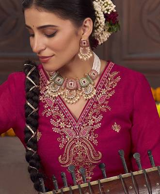 Floral embroidered sequinned  straight v-neck kurta with palazzo and dupatta 2