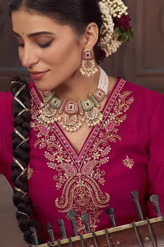 Floral embroidered sequinned  straight v-neck kurta with palazzo and dupatta