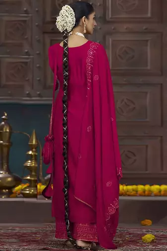 Floral embroidered sequinned  straight v-neck kurta with palazzo and dupatta
